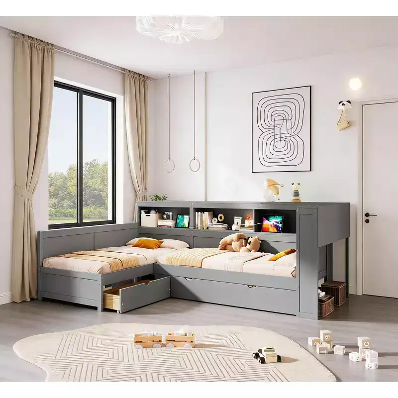 Twin Size L-shaped Platform Bed with Trundle & Charging Station, Wood Bed Frame with Bookshelf