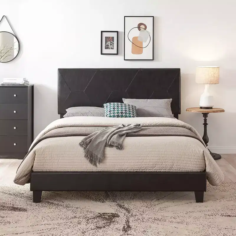 Queen Size Upholstered Platform Bed Frame, Wood Slat Support, Easy Assembly, Black, PU