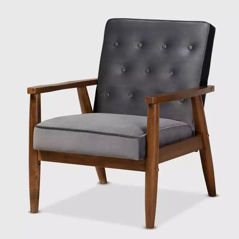 Velvet Upholstered Wooden Lounge Chair