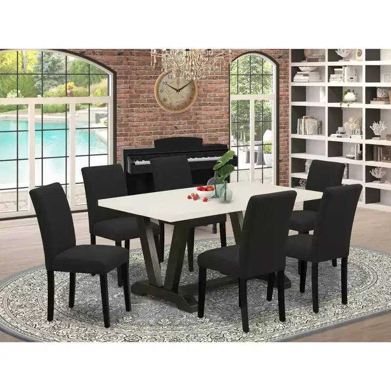 HomeStock 7 Piece Multi-Color Linen Fabric Parsons Dining Set