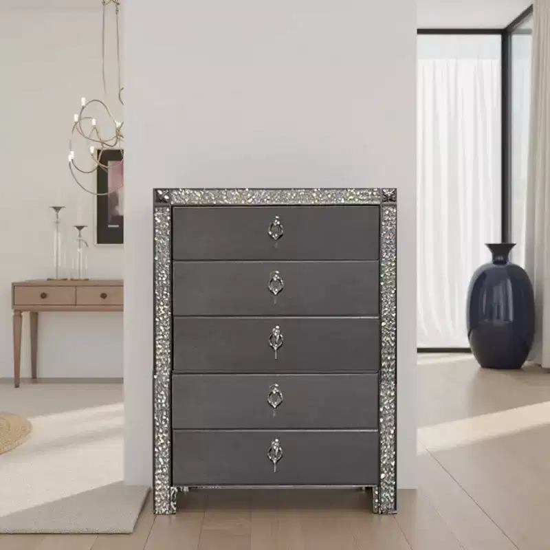 Royal Hampton Tall Dresser Chest, 5 Drawers, Crystal Trim, Gray Solid Wood
