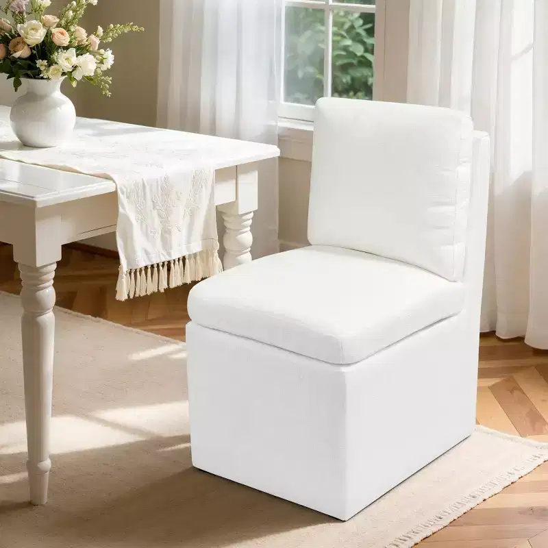 Wood & Linen Upholstered Armless Chair with Silent Casters 27.5''H Oatmeal