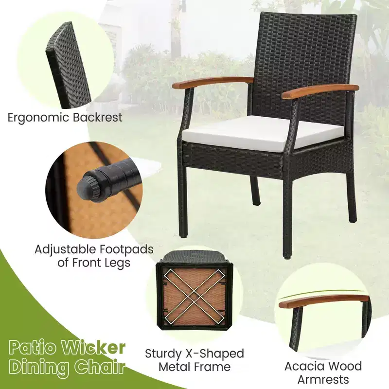 Costway Patio PE Wicker Chairs Acacia Wood Armrests with Soft Zippered Cushion Balcony