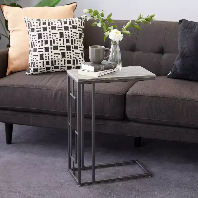 Contemporary Iron and Wood C-Table Accent Table - Light Gray, 26