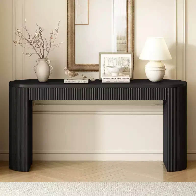 Fluted Wood Console Table with Drawers, Narrow Entryway Table for Living Room and Entryway