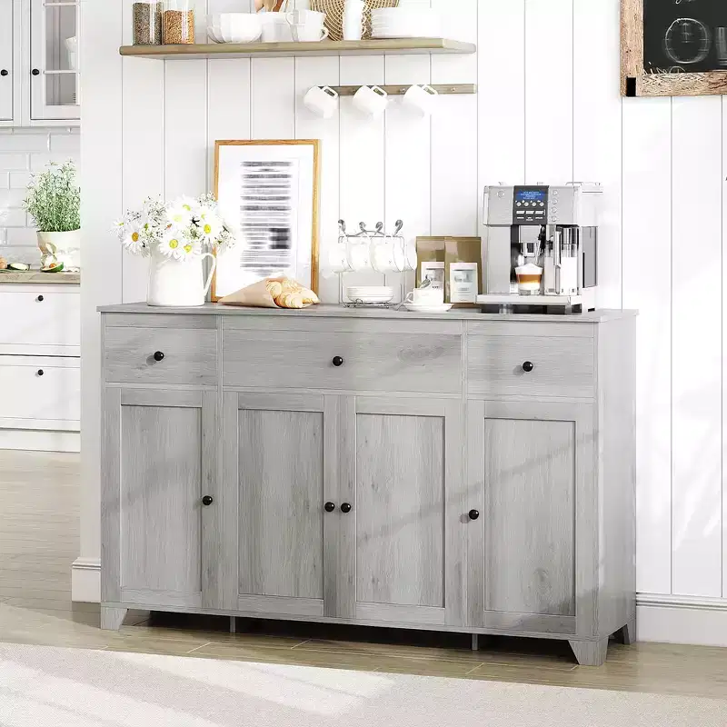 Storage cabinet, sideboard with 3 drawers and 4 doors, 55 inches with adjustable shelves for dining room living room entryway
