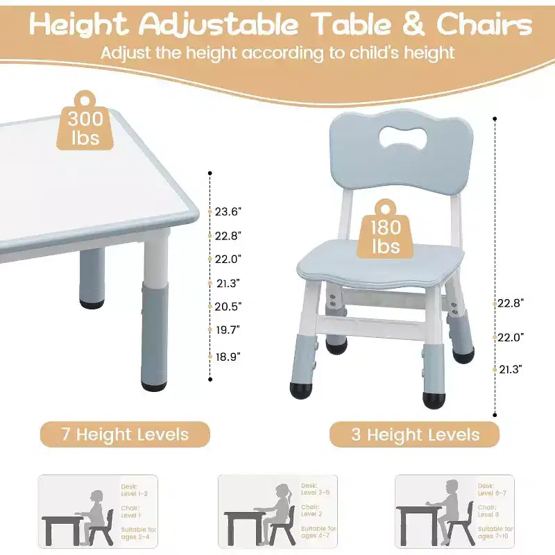 Kids Table and 4 Chairs Set with Particleboard Desktop, Height Adjustable, Anti-Slip Pad, Compact Dining Set, and Durable Desktop