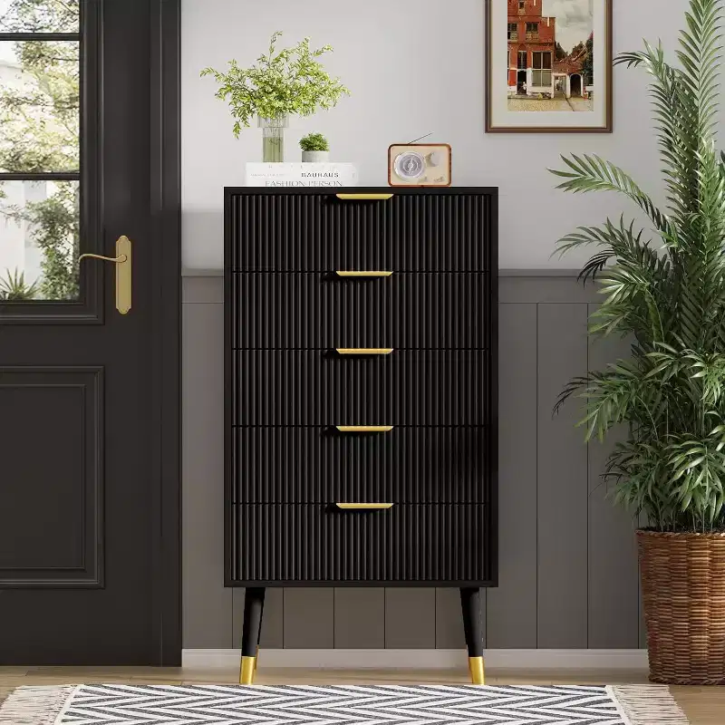 5-Drawer Fluted Dresser, Modern Wood Storage Cabinet, Bedroom Chest Organizer 2 pcs