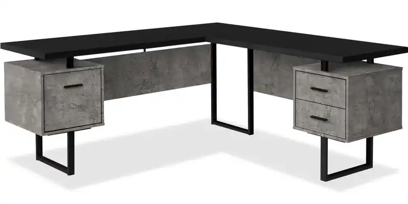 Reversible 71 L-Shaped Corner Office Desk with 3-Drawers - Black Concrete-Look