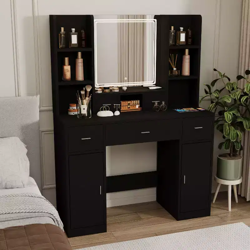 Vanity Table with Lights, Drawers and Storage Cabinet, Dressing Table with Cushioned Pad for Bedroom Living Room