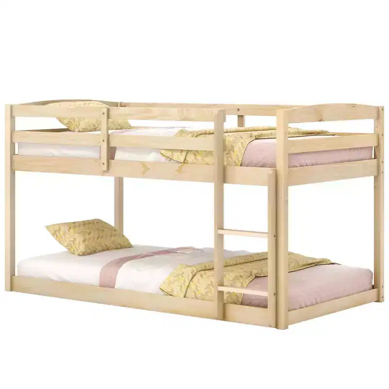 Costway Twin over Twin Low Bunk Bed with Guardrails Integrated Ladder Kids Wooden Grey/White/Beige/Pink