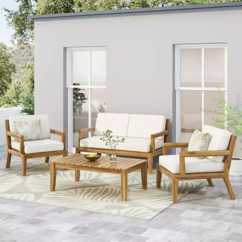 Christopher Knight Home Rossville Outdoor Acacia Wood 4 Seater Chat Set with Cushions, Teak/Beige