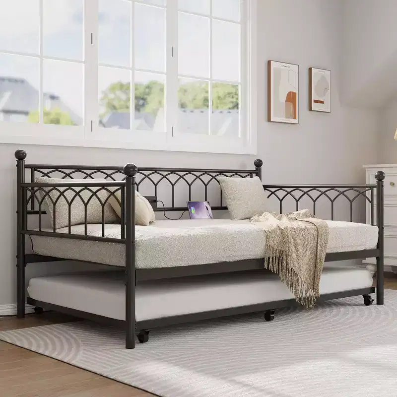 Twin Daybed with Trundle,with Charging Station & LED Lights,Metal Sofa Bed Frame with Pull Out Trundle for Living Room,Bedroom,Guest Room,Apartment