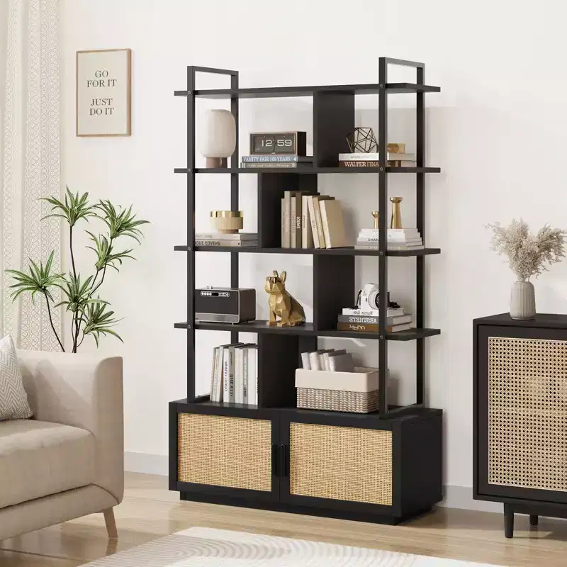 5-Tier Bookshelf with Storage Cabinet and Door, 71.1 Inch Tall, Metal Frame
