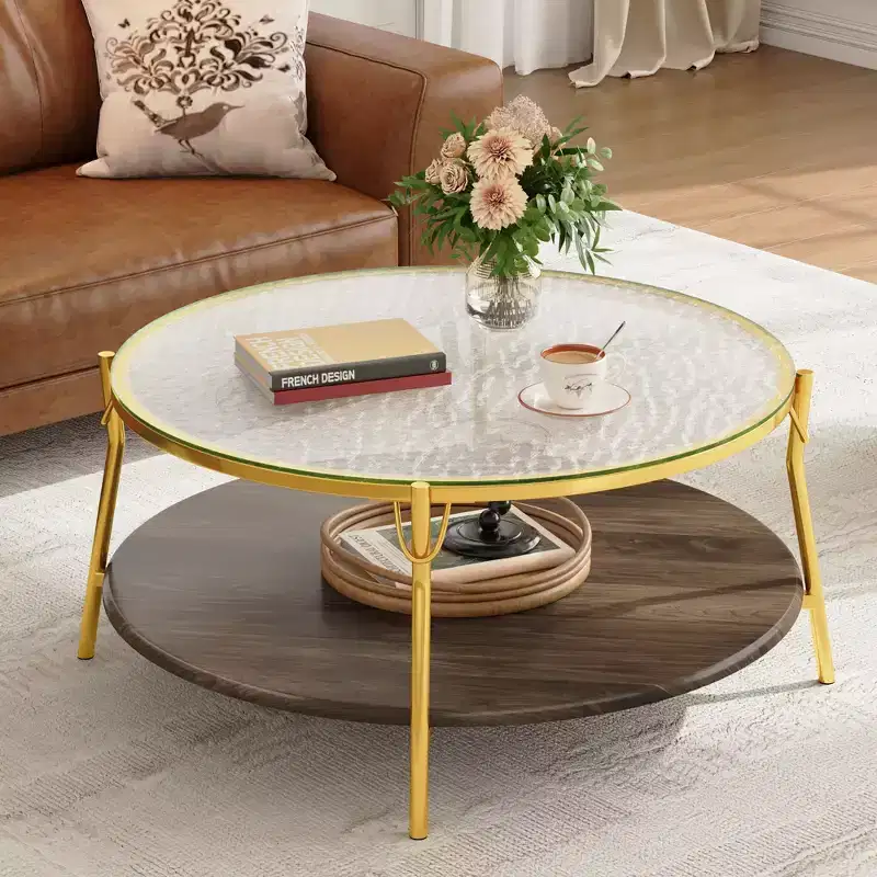 Modern Round Walnut 2-Tiered Coffee Table with Glass Top and Gold Base for Living Room, 29.9
