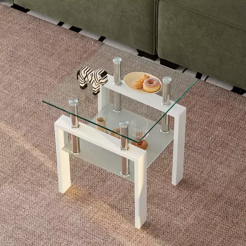 Set of 2 White Tempered Glass End Tables, 2-Tier with Storage