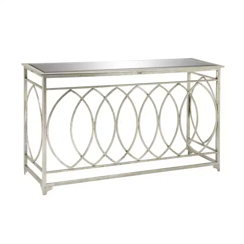 Silver Mirrored Console Table with Iron Trellis Base, 1-Person Assembly