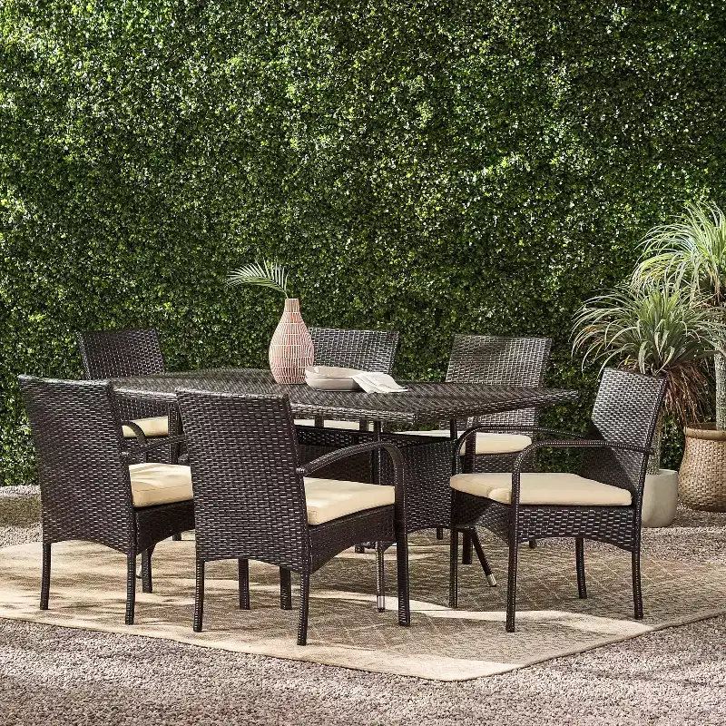 GDFStudio Toledano Outdoor Wicker and Iron 7 Piece Dining Set with Water Resistant Cushion