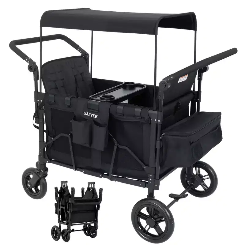 4 Seater Wagon Stroller - Premium All-Terrain Wagon for Kids with Snack Tray, Removable Canopy, Adjustable Push/Pull Handle & Fold, Black