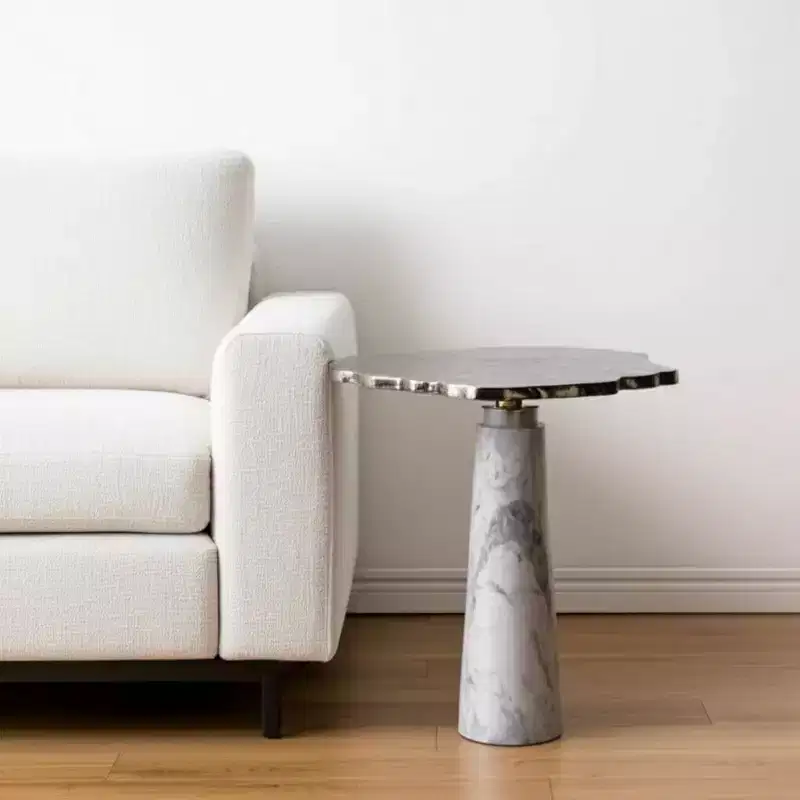 HomeRoots 22 Silver and White Aluminum and Marble Pedestal End Table