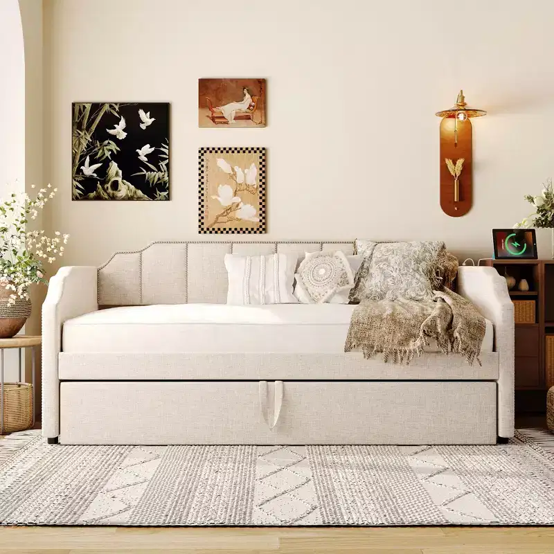 ModernLuxe Twin to King Size Upholstered Daybed with Pop-Up Trundle & USB Charging Ports, Linen Fabric, 400LBS Capacity