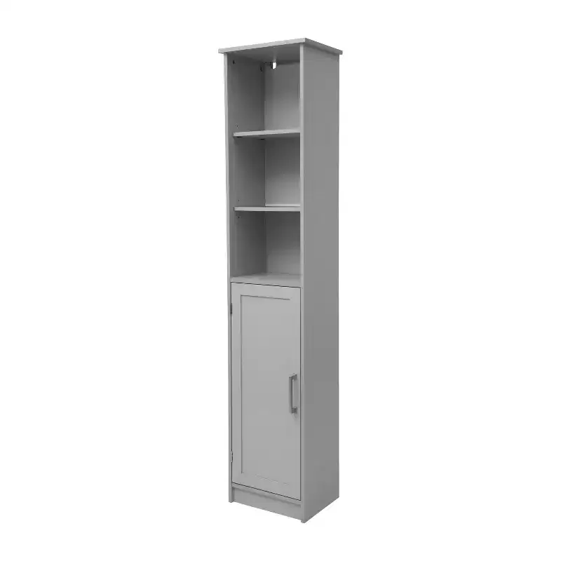 Freestanding Narrow Bathroom Linen Tower Storage Cabinet with Door and Open Shelves