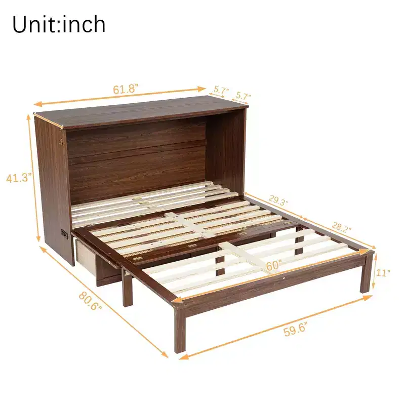 Queen Size Murphy Cabinet Bed – Pine Wood, Power Station & Rattan Decoration Panel