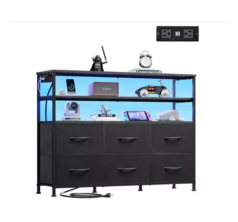 MAYEERTY 39-Inch TV Stand for 45-Inch TVs, RGB LED Charging Station 6 Fabric Drawers