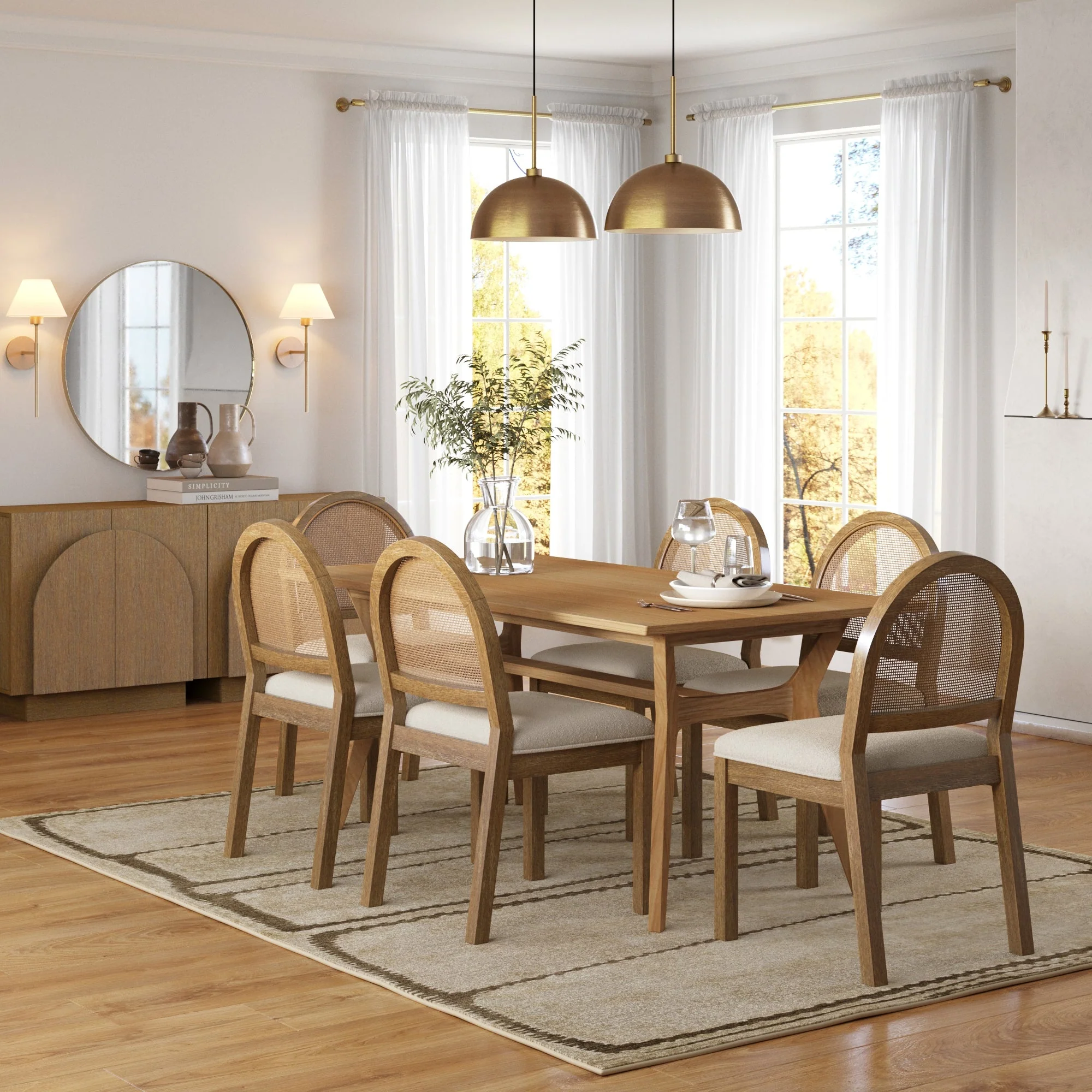 Boucle & Rattan Dining Chair Light Brown