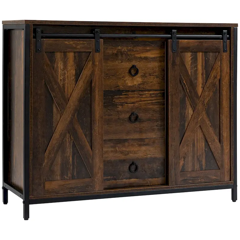 Industrial Farmhouse Buffet Cabinet, Kitchen Sideboard with Sliding Barn Doors, Three Drawers and Adjustable Shelves