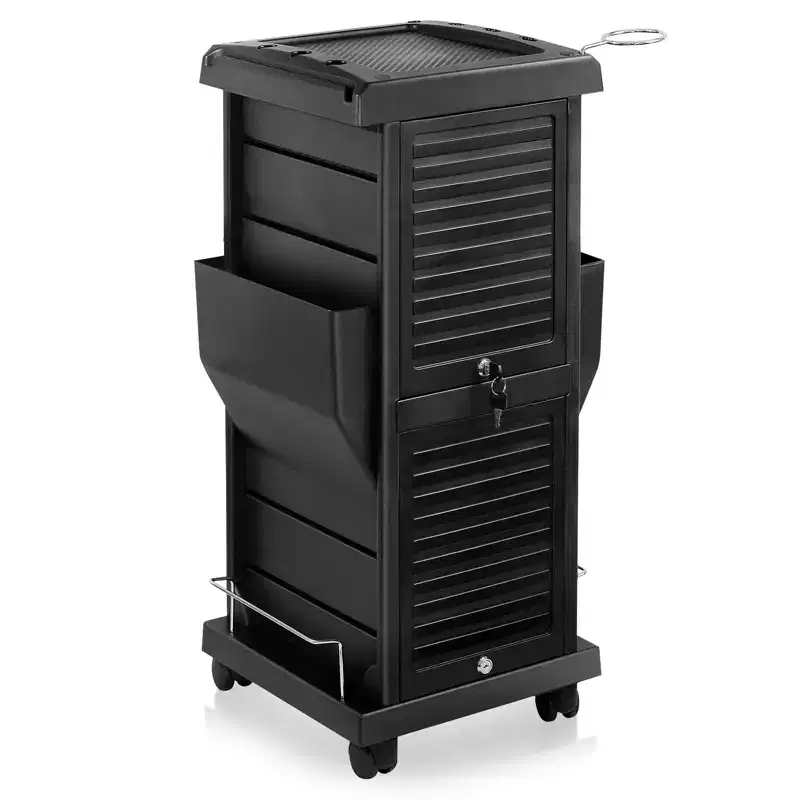 Saloniture Premium Locking Rolling Trolley Cart with Side Tool Pockets - Black