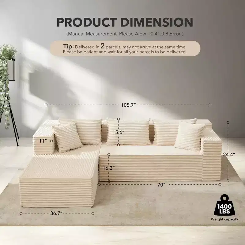 106-Inch l-Shaped Sectional Sofa, with Chaise, Modern Modular Cloud Couch, Sectional Couch, Deep Seat Upholstered Furniture,No Tools Assembly Required