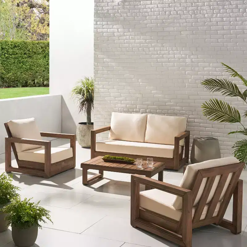 Christopher Knight Home Andrae Outdoor Acacia Wood 4 Seater Chat Set with Cushions, Brown and Beige
