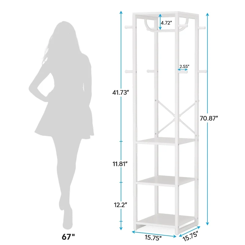 Freestanding Coat Rack with Shelves, 4 Shelves and 8 Hooks