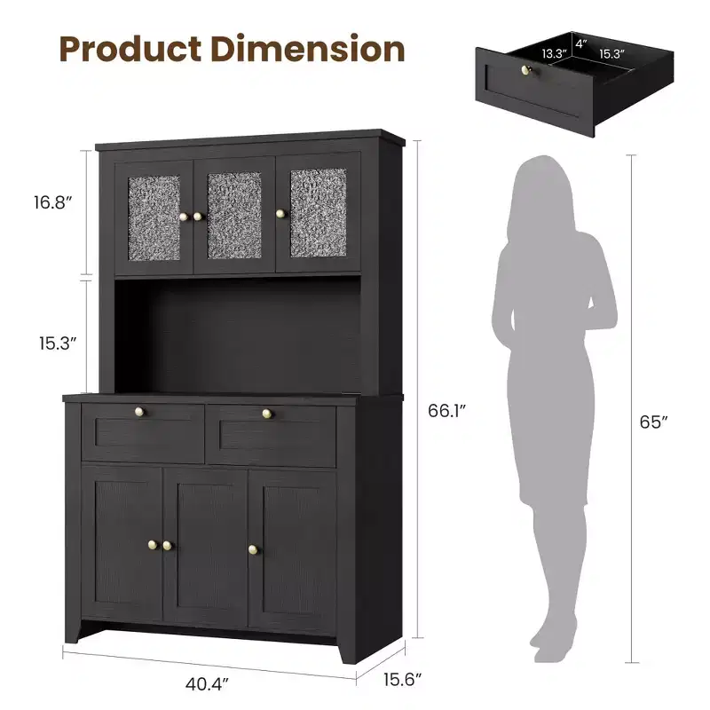 66 Tall Modern Kitchen Pantry Cabinet & Hutch, Built-In Charging Station Coffee Bar Cabinet, Spacious Storage with Glass Doors & Drawers