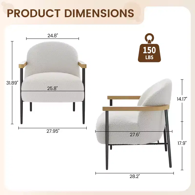 Modern Accent Chair with Teddy Fabric, Wood Arms and Adjustable Feet, Comfy Chair for Living Room, White