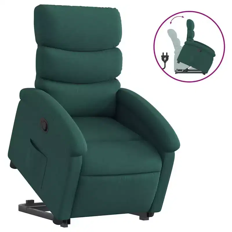 vidaXL Dark Green Stand Up Recliner Chair - Power Lift Assist, Manual Recline, Padded Fabric Seating, Side Pocket, Sturdy Frame for Elderly