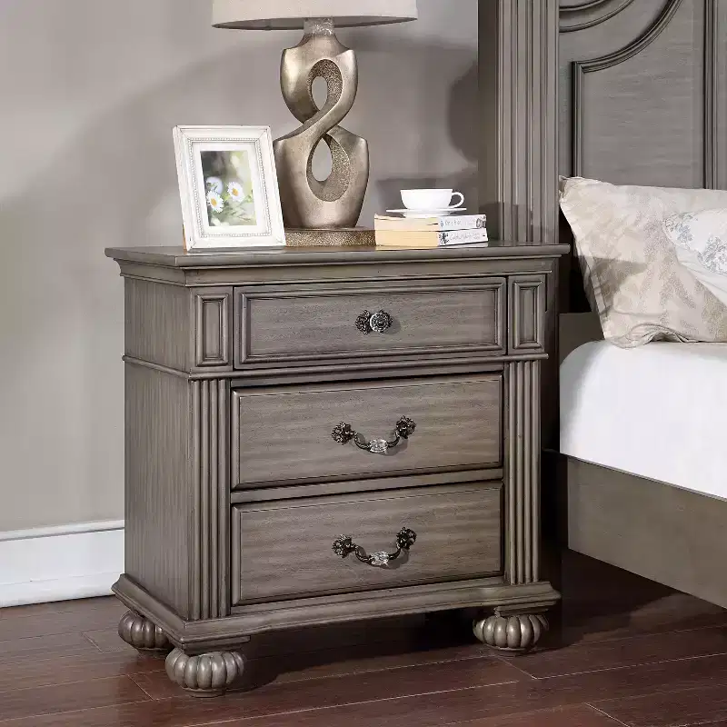 3-Drawer Nightstand with Bun Feet Brown Wood Veneer