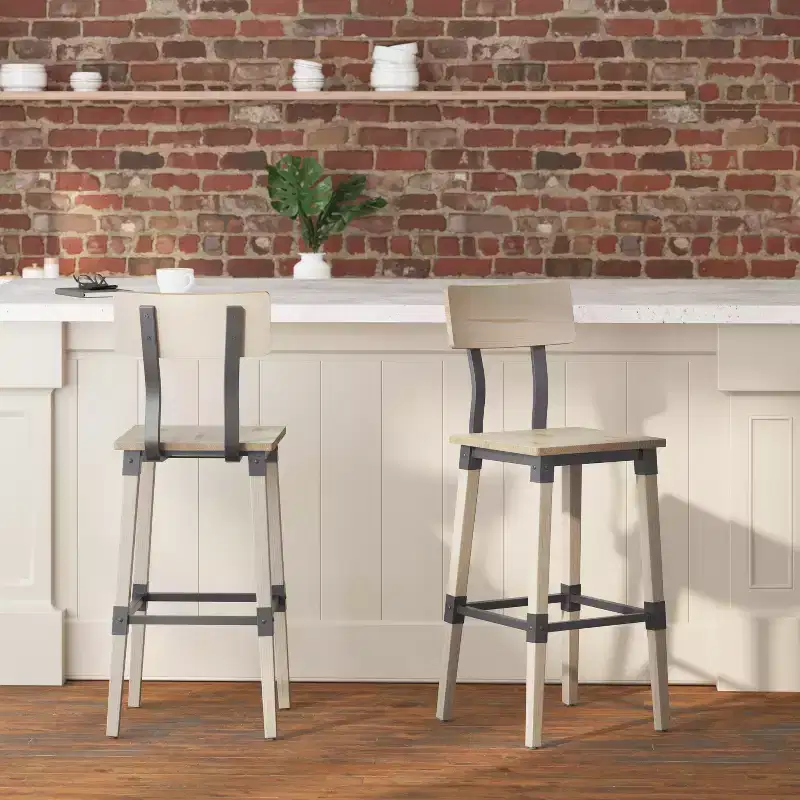 Merrick Lane Bar Height Dining Stools with Steel Supports and Footrest - Set Of 2