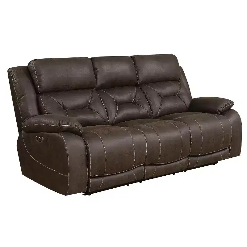 Power Recliner Sofa with Power Head Rest Saddle Brown - Faux Leather, USB Port, 3-Seater Couch