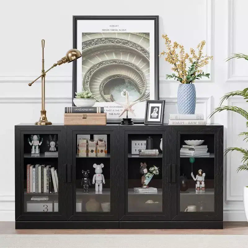 PexFix 62 W x 31 H Large Sideboard Buffet Cabinet with 4 Glass Doors 2 Adjustable Shelves for Kitchen Living/Dinning Room Bedroom Entryway Black