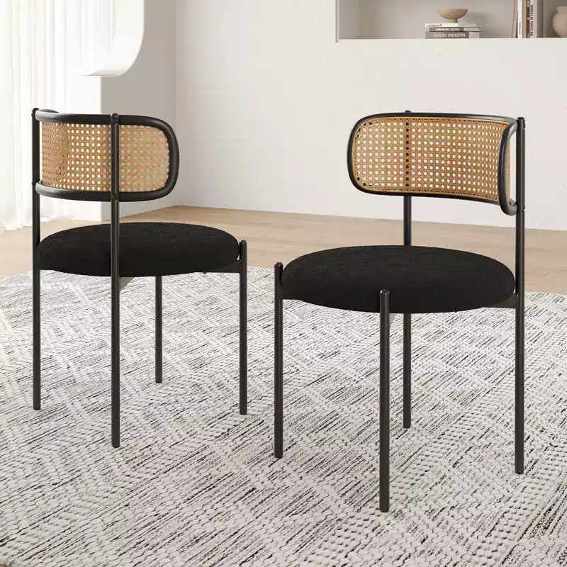 PexFix 2Pcs Modern Upholstered Dining Chairs Rattan Back Dining Room Chairs Accent Kitchen Chairs with Metal Legs Black