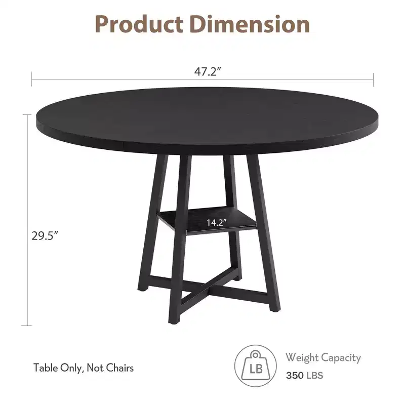 Round Dining Table for 4, 47 Kitchen Table, Modern Circular Dinner Table with Metal Base, Wooden Breakfast Table for Dining Room
