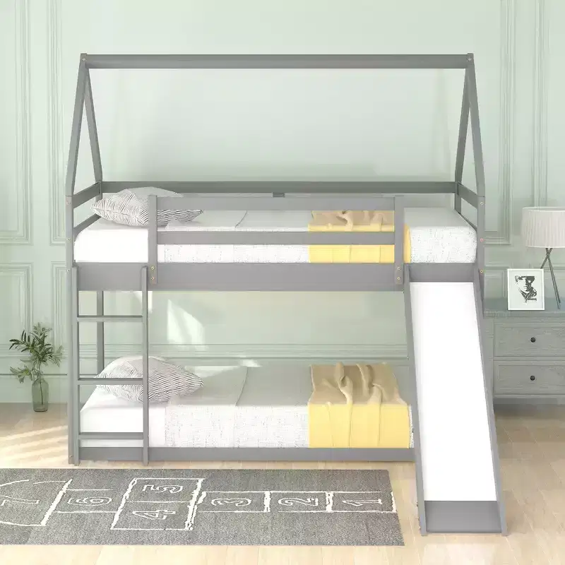Whisen Twin Size Bunk House Bed with Slide and Ladder
