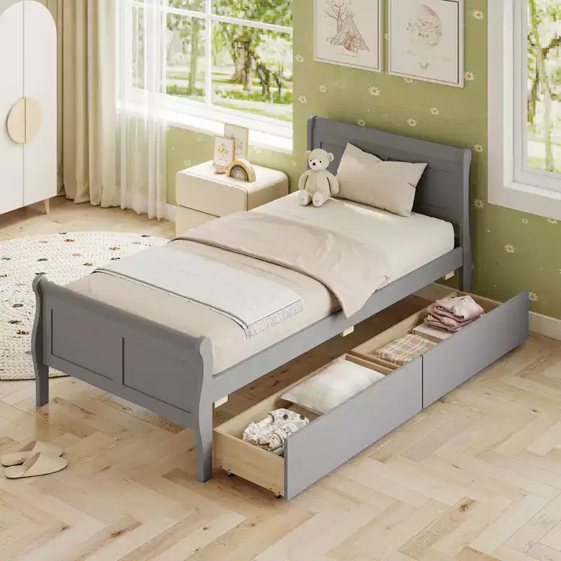 Costway Twin Size Bed Frame with 2 Storage Drawers Wood Platform Bed with Headboard Beige/White