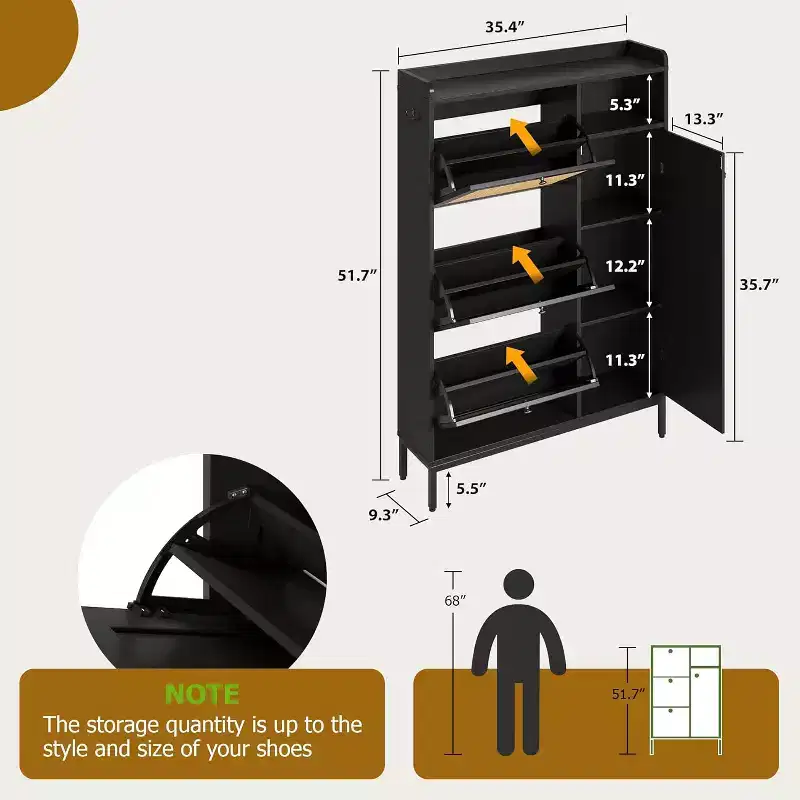 4-Tier Rattan Shoe Storage Cabinet with 3 Flip Drawers, Freestanding Shoe Organizer with Adjustable Shelves for Entryway, Closet, Hallway