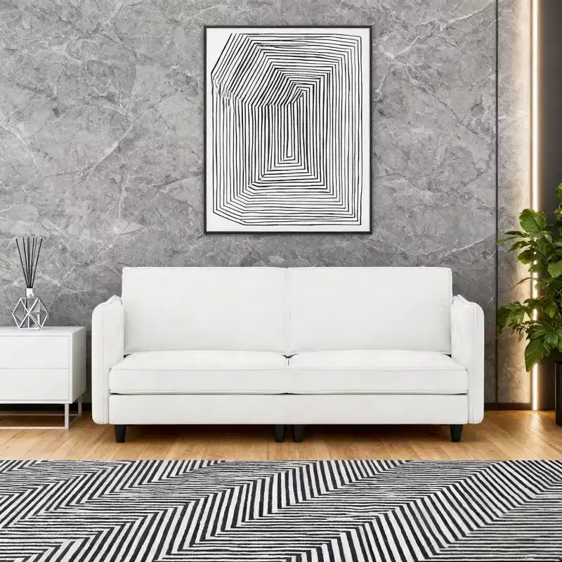 Modern Loveseat Sofa with Slim Armrests, Soft Cushions & Wooden Legs, for Living Room or Apartment, White