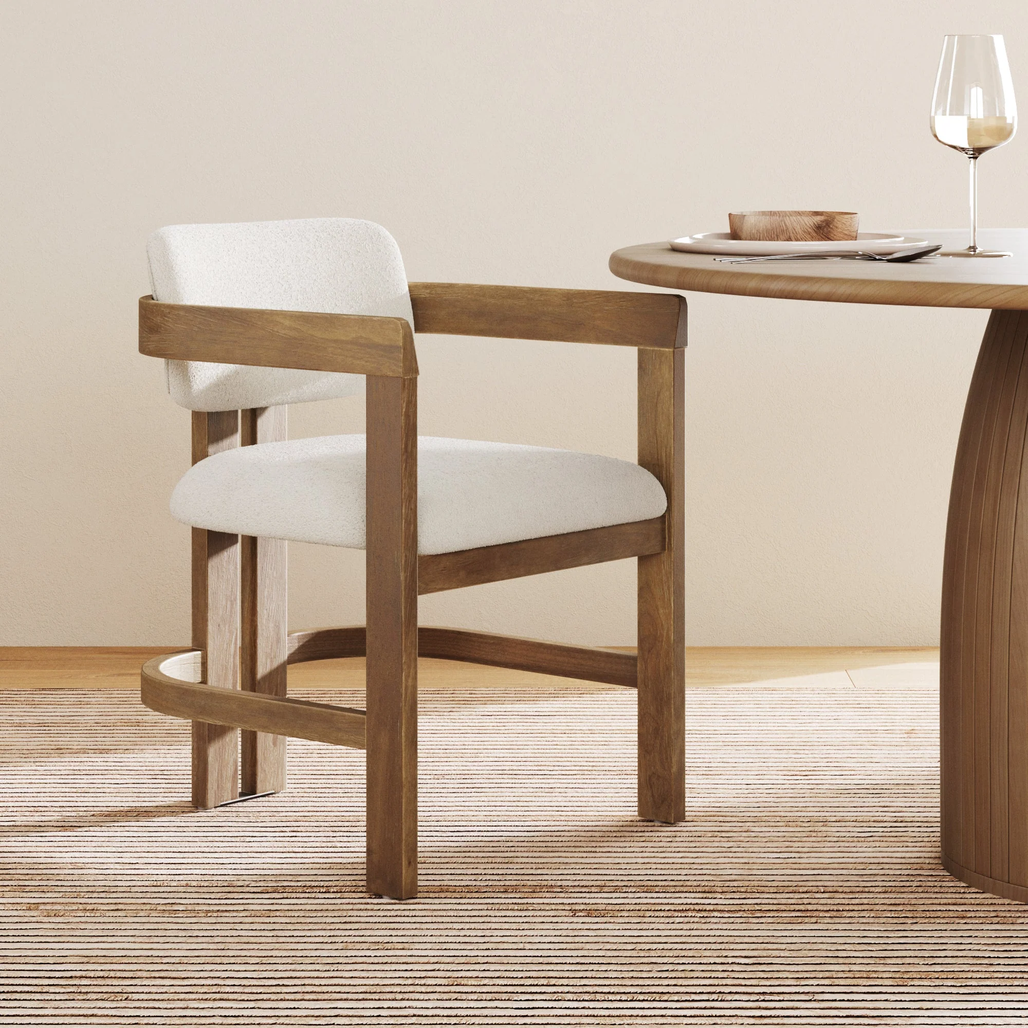 Boucle Barrel Dining Chair w/ Curved Back and Arm Light Brown