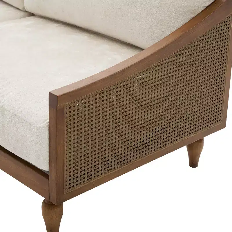 Christopher Knight Home Sachiko 70.9 Mid-Century Modern 2-Seater Rubberwood Chenille Upholstered Sofa with Rattan Armrests
