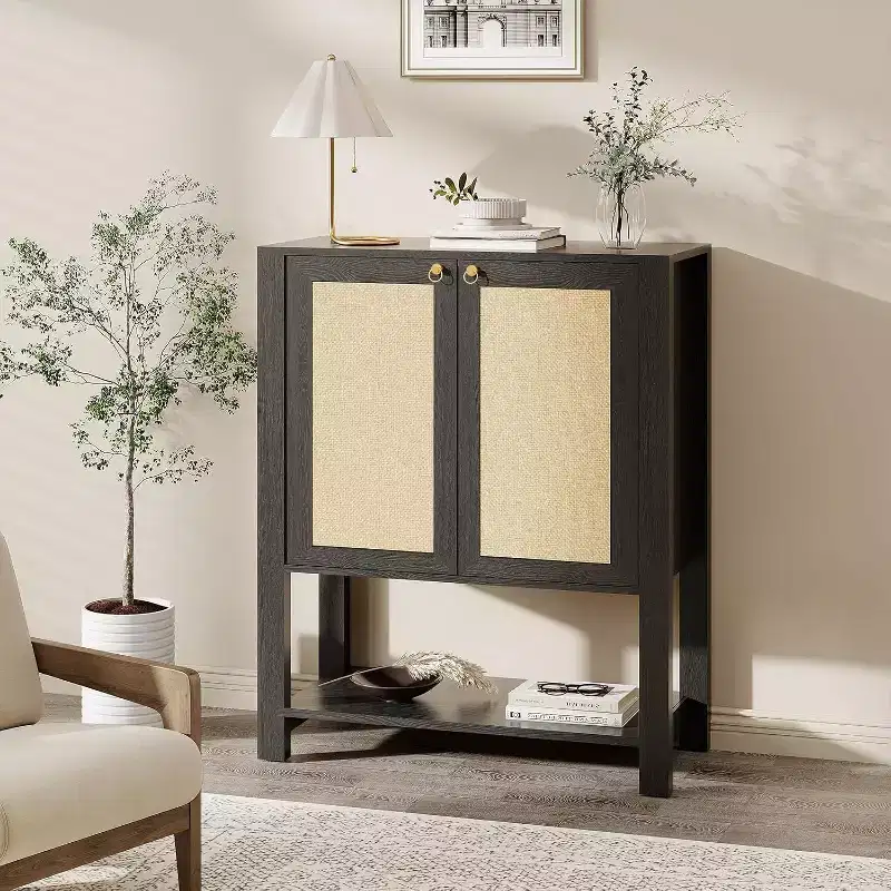 Acekool Rattan Shoe Cabinet, 40in Tall Shoe Storage Organizer with Adjustable Shelves and Open Shelf for Entryway, Grey Oak